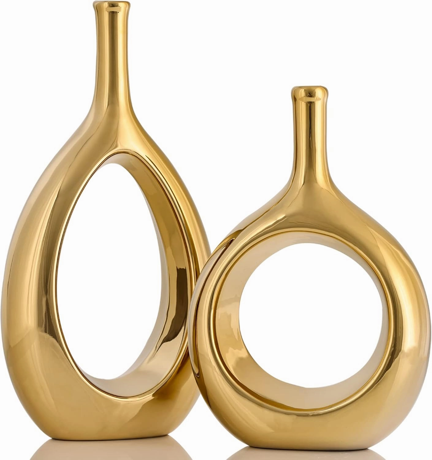 Glossy Gold Ceramic Vase Set 2,Modern Hollow Circle with Hole Flower Vase for Home Decor,for Table Centerpieces,Farmhouse,Fire Place,Living Room,Bedroom,Office,Bookshelf,Rustic Decor