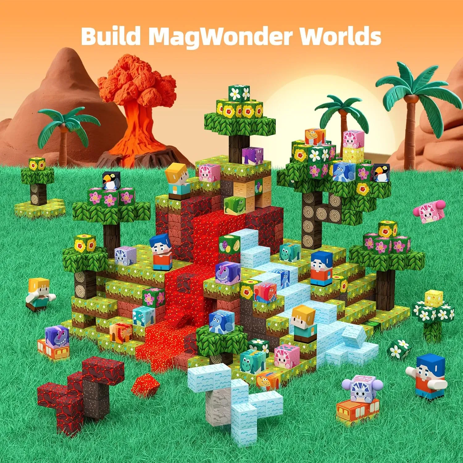 GobiDex 100PCS Magnetic Building Blocks Volcano Dinosaur Set for Toddler, Sensory STEM Toys for Kids Ages 3-5 5-7 4-8, Birthday Gifts for 3  Year Old Boys Girls Kids
