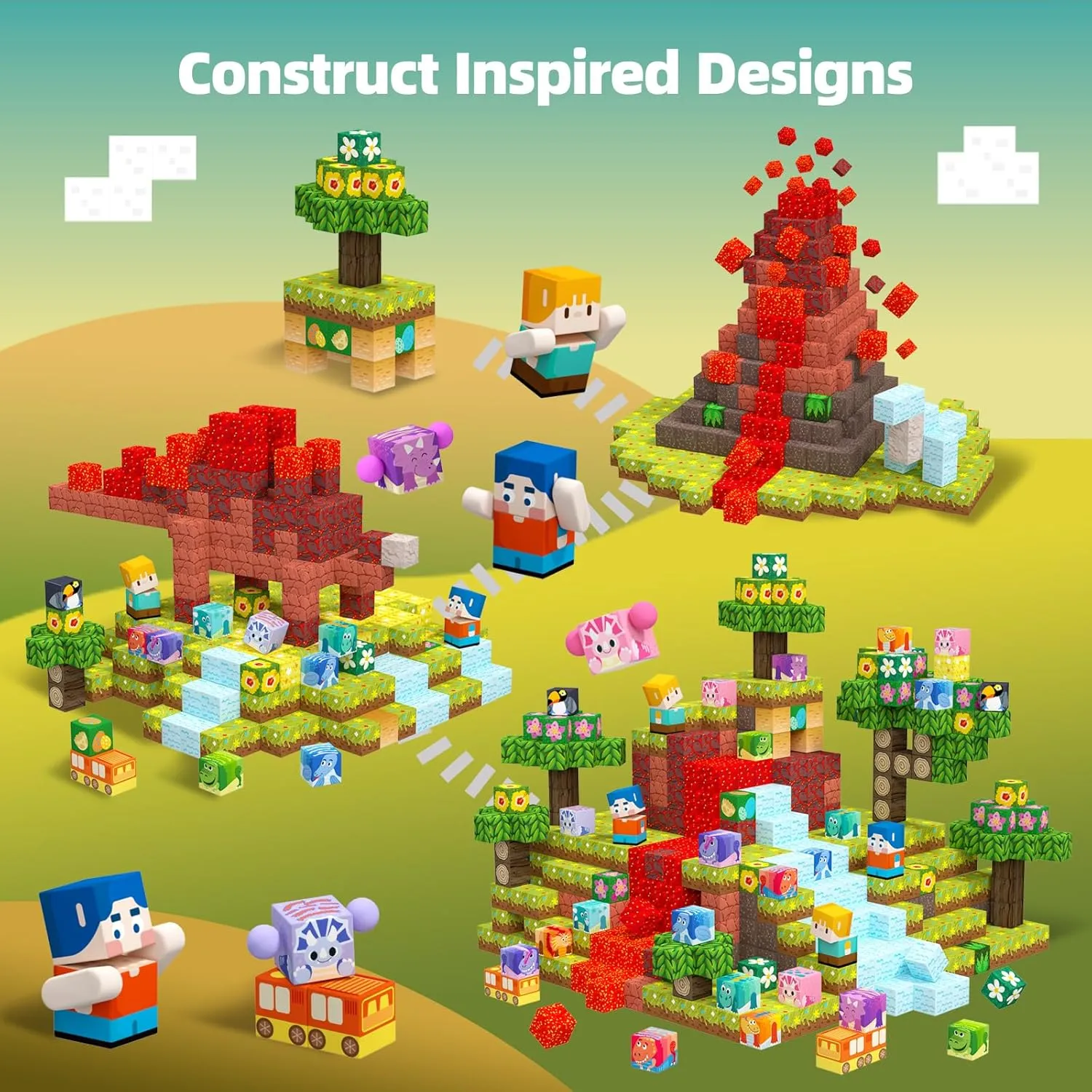 GobiDex 100PCS Magnetic Building Blocks Volcano Dinosaur Set for Toddler, Sensory STEM Toys for Kids Ages 3-5 5-7 4-8, Birthday Gifts for 3  Year Old Boys Girls Kids