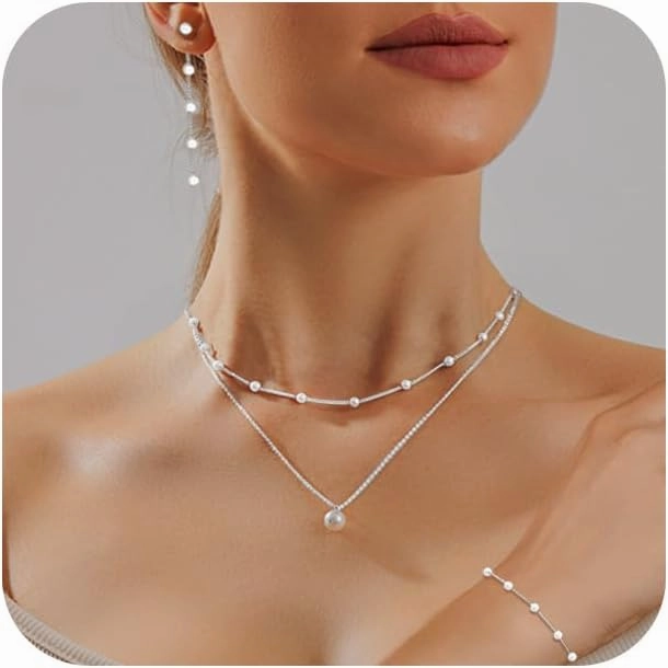 Gold Jewelry Set for Women - Dainty 14K Gold/Silver Plated Pearl Choker Necklace, Drop Earrings & Bracelets - Wedding Trendy Pearl Jewelry Gift