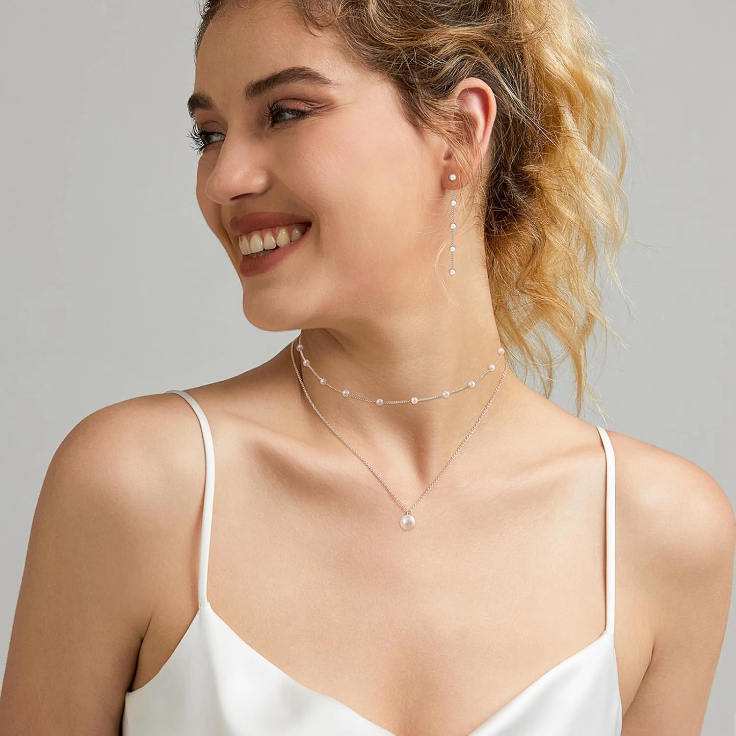 Gold Jewelry Set for Women - Dainty 14K Gold/Silver Plated Pearl Choker Necklace, Drop Earrings & Bracelets - Wedding Trendy Pearl Jewelry Gift