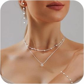 Gold Jewelry Set for Women - Dainty 14K Gold/Silver Plated Pearl Choker Necklace, Drop Earrings & Bracelets - Wedding Trendy Pearl Jewelry Gift