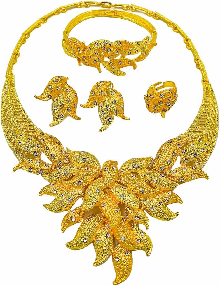 Gold Necklace Jewelry Set Dubai Gold Bracelet Earrings Ring Accessories Bridal Jewelry Set for Women Wedding