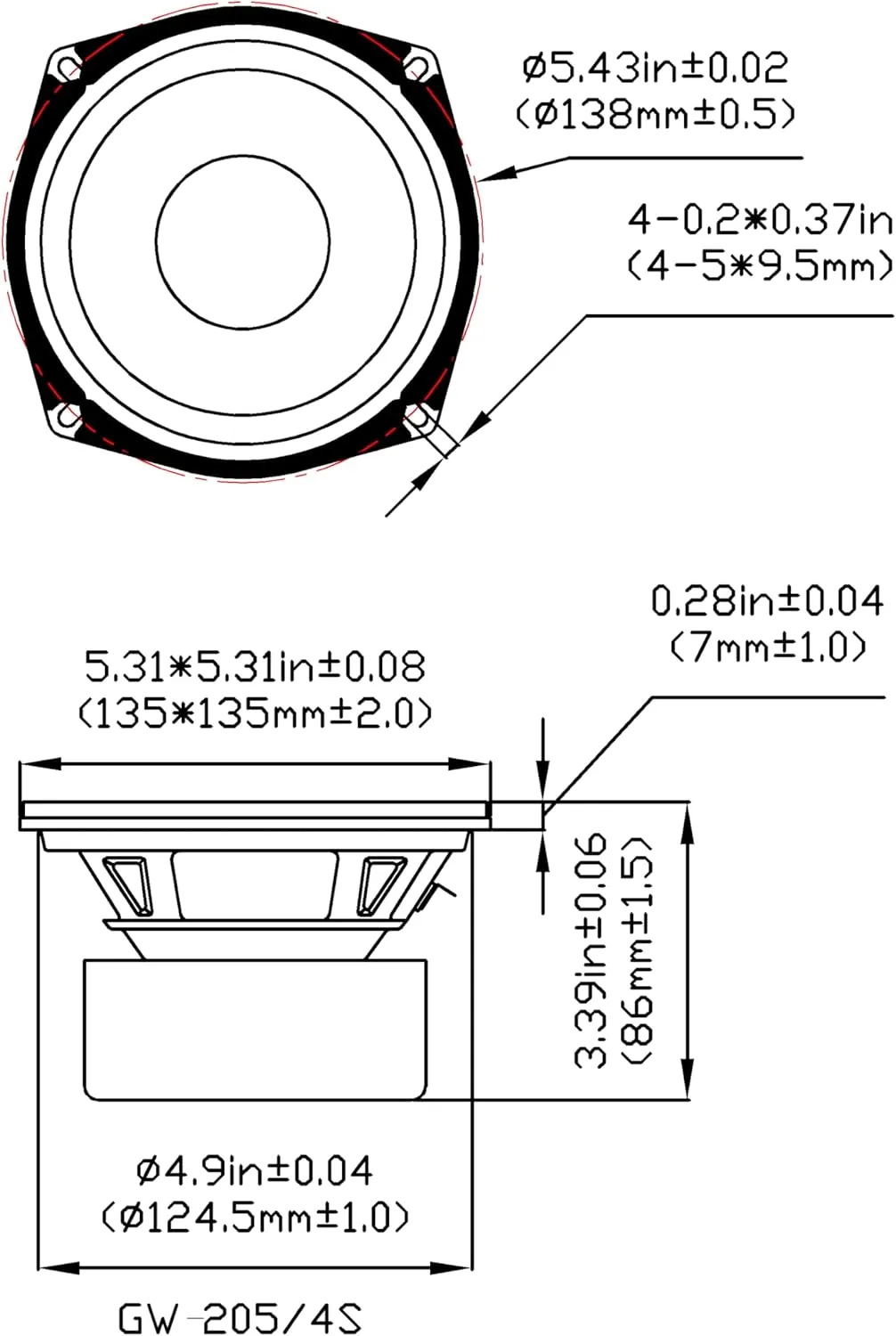 Goldwood Sound GW-205/4S Shielded 5.25" Woofer 130 Watt 4ohm Replacement Speaker,Black