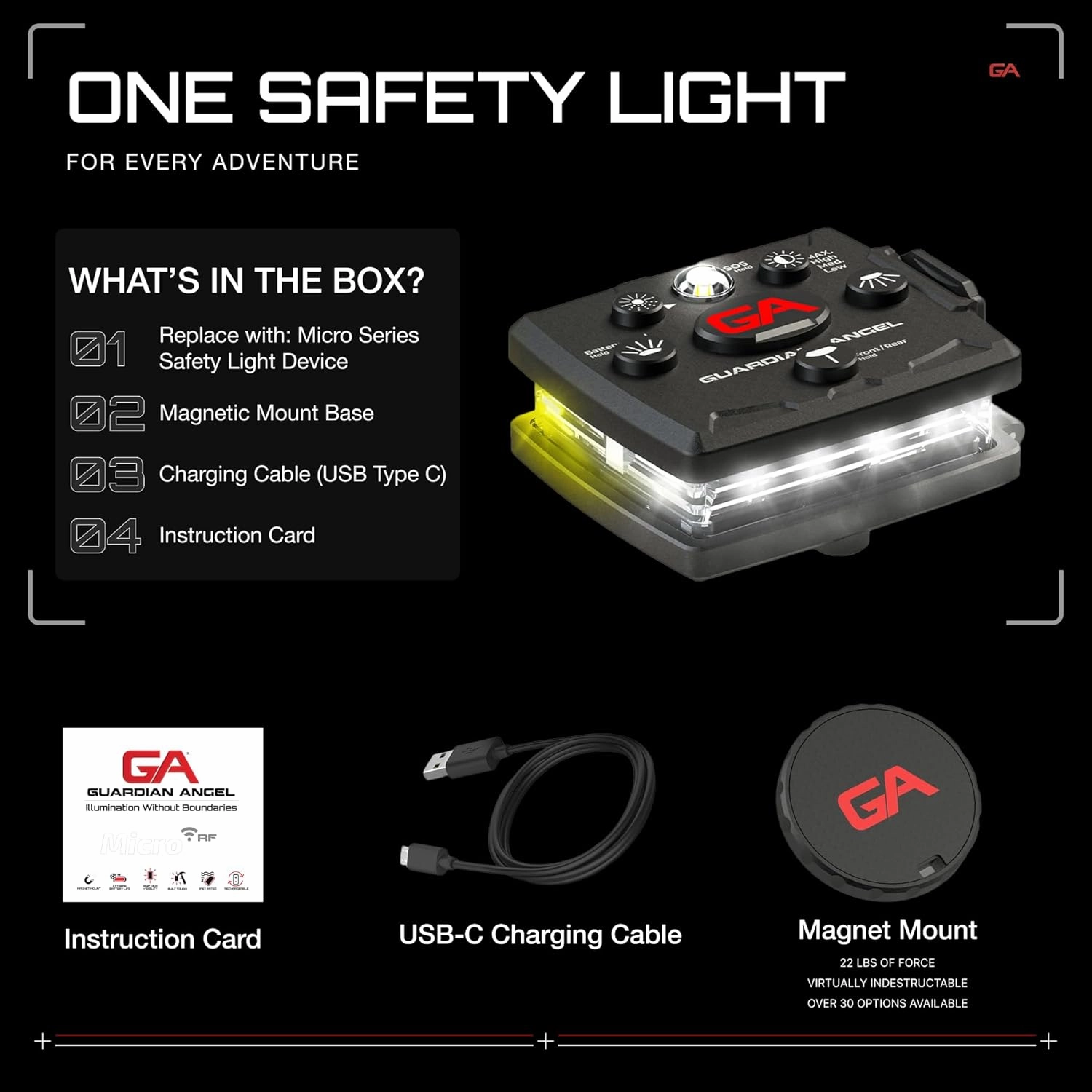 Guardian Angel Micro Series Safety Lights (All White Front & Yellow Rear) - Rechargeable, Magnetic & Hands-Free LED Flashlight for Dog Walking, Running, Cycling, Hiking, Camping, Fishing & More