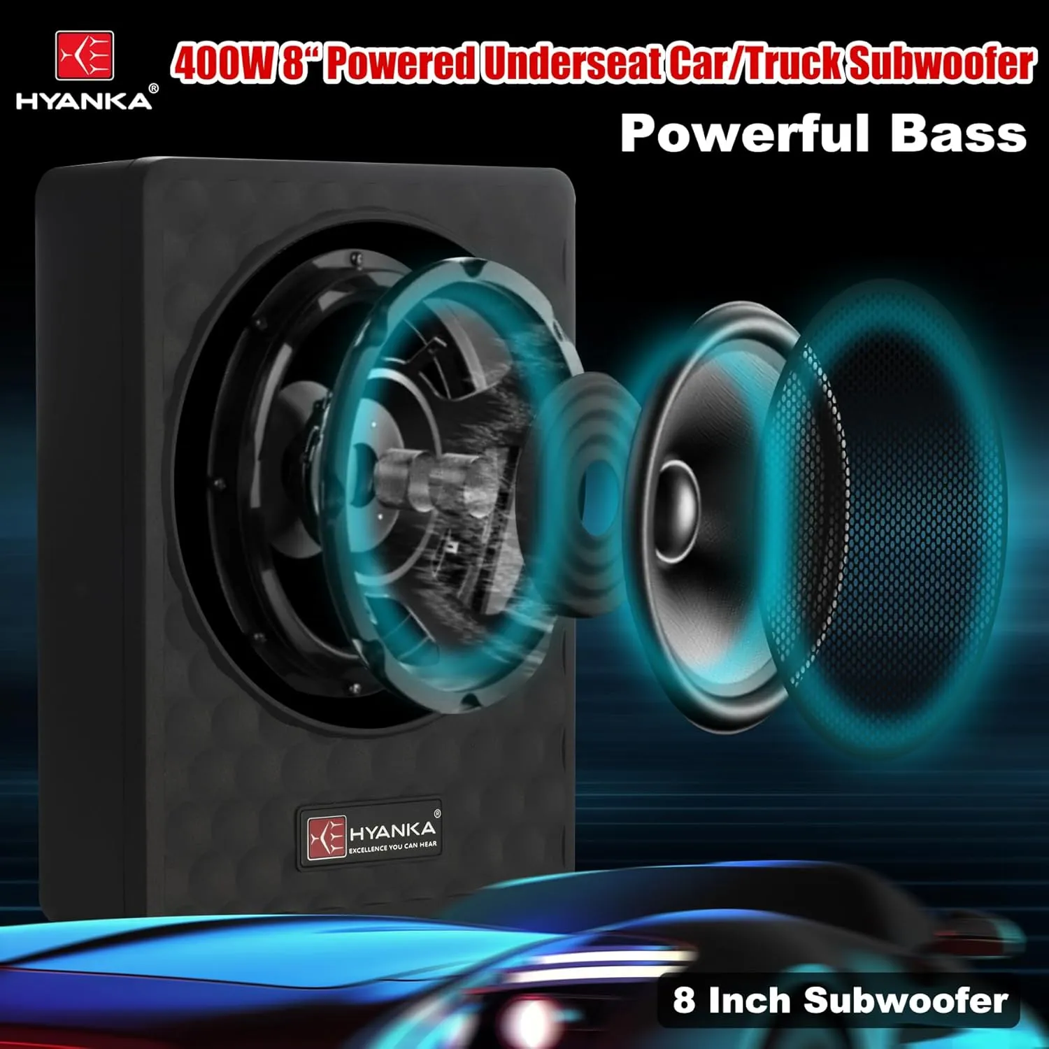 H YANKA SODA-08ASW 400W 8 Inch Compact Underseat Car Subwoofer with Built-in Amp, Slim Powered Subwoofer for Car/Truck/Jeep Audio