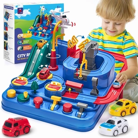 Hahaland 3 Year Old Boy Toys - Race Track Toys, Car Toy for Boys 3-4, Puzzle Track Rescue Racer Game with Magnetic Helicopter, STEM Learning, Montessori, Logical & Motor Development Toy