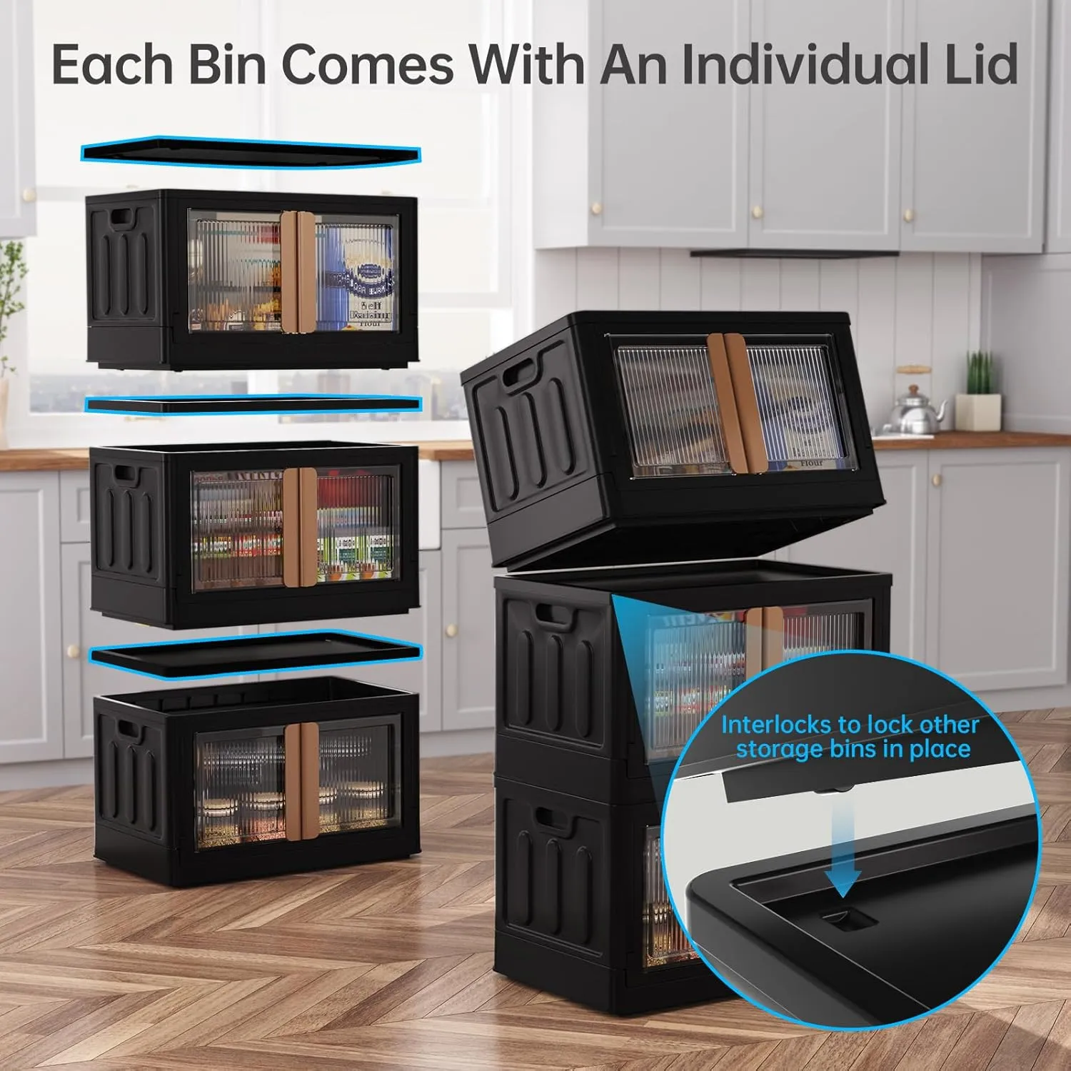 HAIXIN Storage Bins with 4 Lids - 8.4 Gal Closet Cabinet 4 Pack Plastic Stackable Organizers with Front Opening Door Black Foldable Storage Box for Home Garage Office Craft
