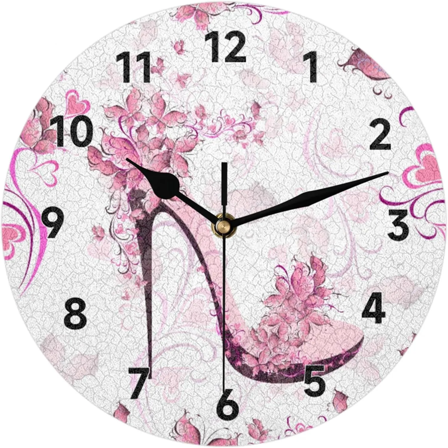 Hand Painted Heart Flower High Heels Creative Art Wall Clock Oil Painting Design Circular Clock Silent Non Ticking Easy to Read Modern Decor for Home Office Coffee 12 inch