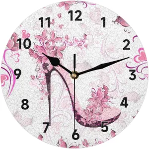 Hand Painted Heart Flower High Heels Creative Art Wall Clock Oil Painting Design Circular Clock Silent Non Ticking Easy to Read Modern Decor for Home Office Coffee 12 inch