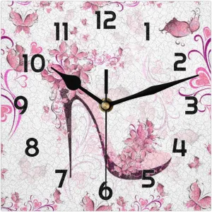 Hand Painted Heart Flower High Heels Creative Art Wall Clock Oil Painting Design Square Clock Silent Non Ticking Easy to Read Modern Decor for Home Office Coffee 12 inch
