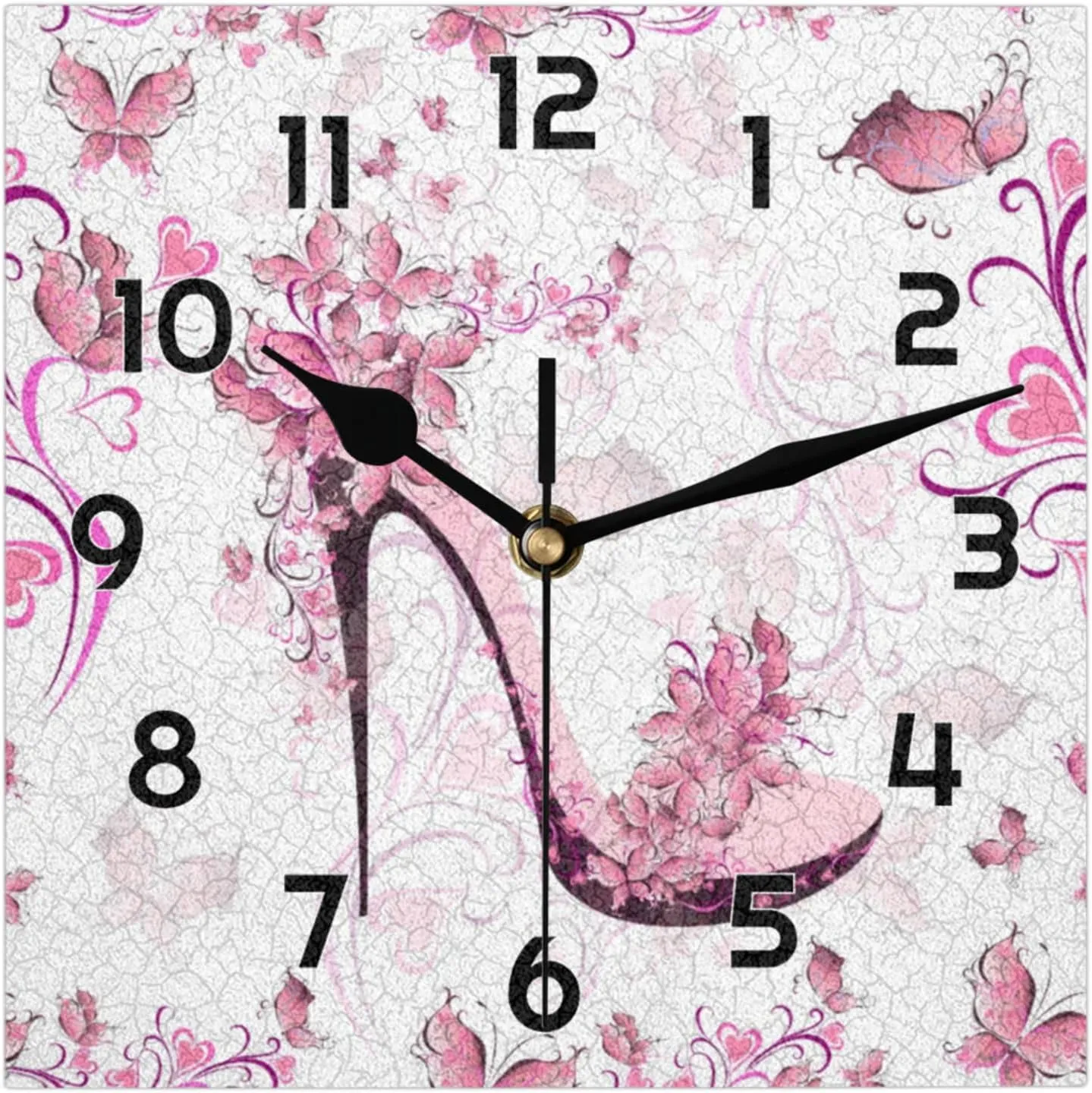 Hand Painted Heart Flower High Heels Creative Art Wall Clock Oil Painting Design Square Clock Silent Non Ticking Easy to Read Modern Decor for Home Office Coffee 7.87 inch
