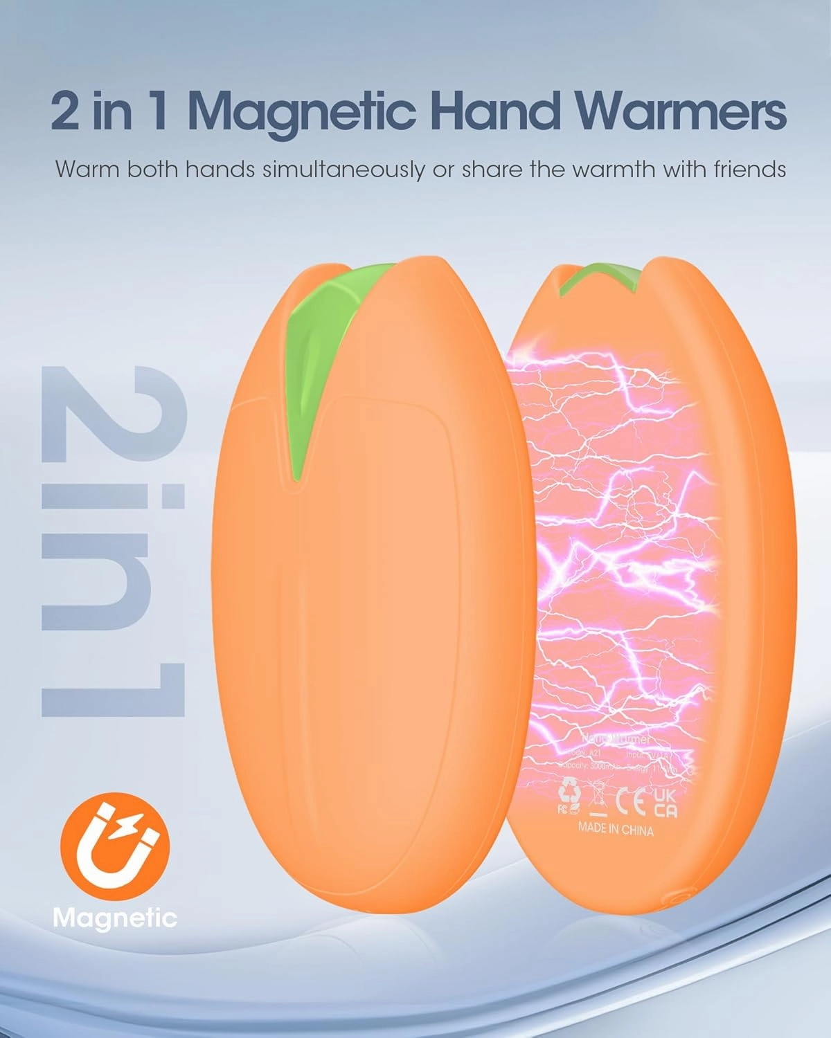 Hand Warmers Rechargeable, 2 Pack, 6000mAh Magnetic Electric Handwarmers, 20Hrs Long Heating USB Pocket Hand Warmers Gifts for Women Men, Fishing, Golf, Hunting, Camping