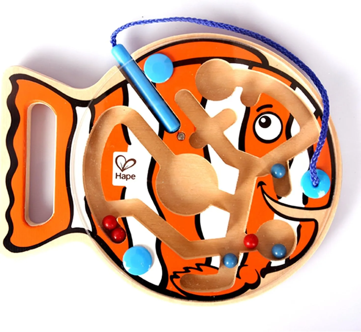 Hape Go-Fish-Go Maze Puzzle Magnetic Wooden Bead Happy Clown Fish Educational Travel Toy Game for Toddlers and Kids, Orange and White