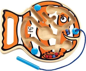 Hape Go-Fish-Go Maze Puzzle Magnetic Wooden Bead Happy Clown Fish Educational Travel Toy Game for Toddlers and Kids, Orange and White