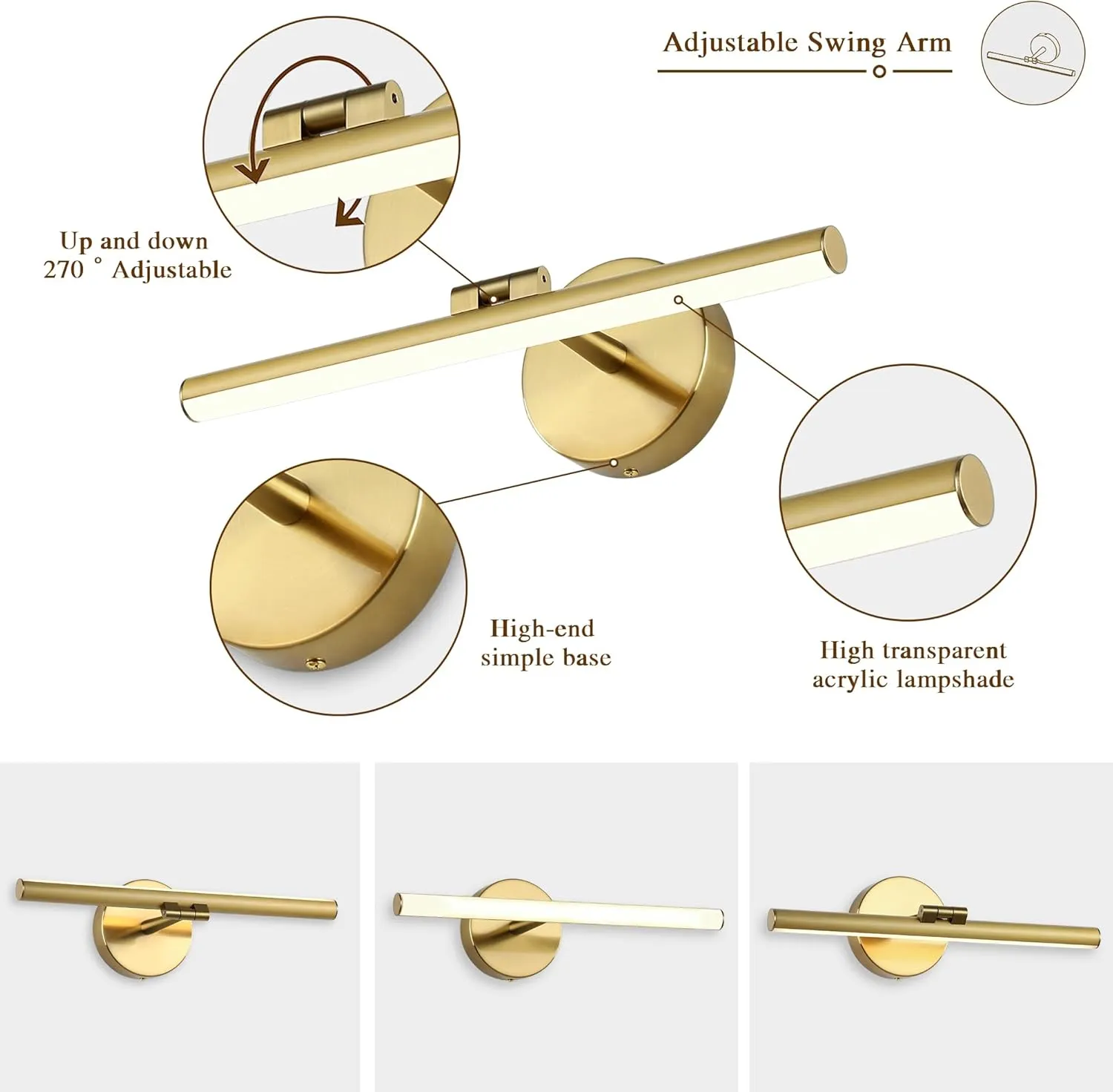 Hardwired Adjustable Lighting Gold Modern LED Picture Lights for Paintings 15.7'' Inch Long Swing Arm Metal Art Lights Warm White 3000K