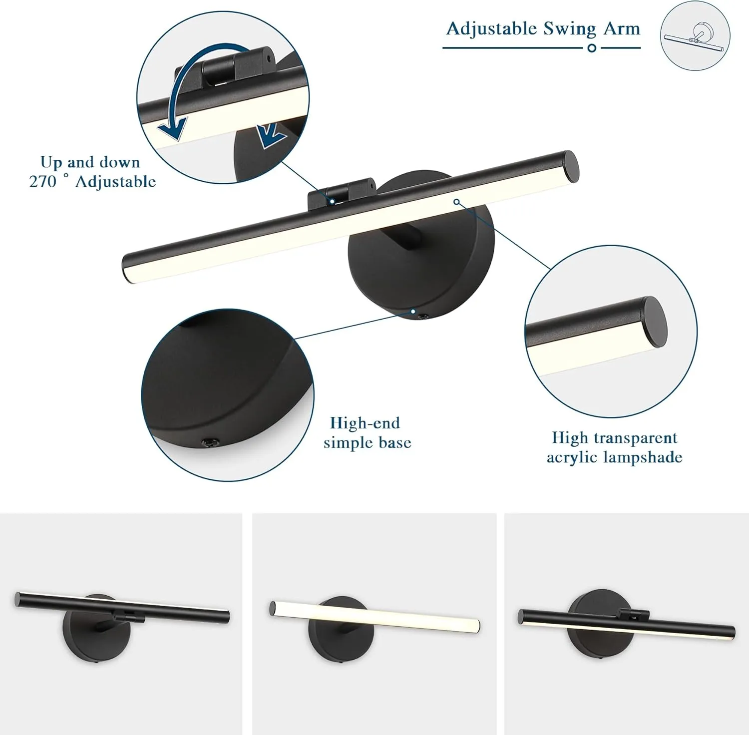 Hardwired Adjustable Lighting Matte Black Modern LED Picture Lights for Paintings 15.7'' Inch Long Swing Arm Metal Art Lights Warm White 3000K