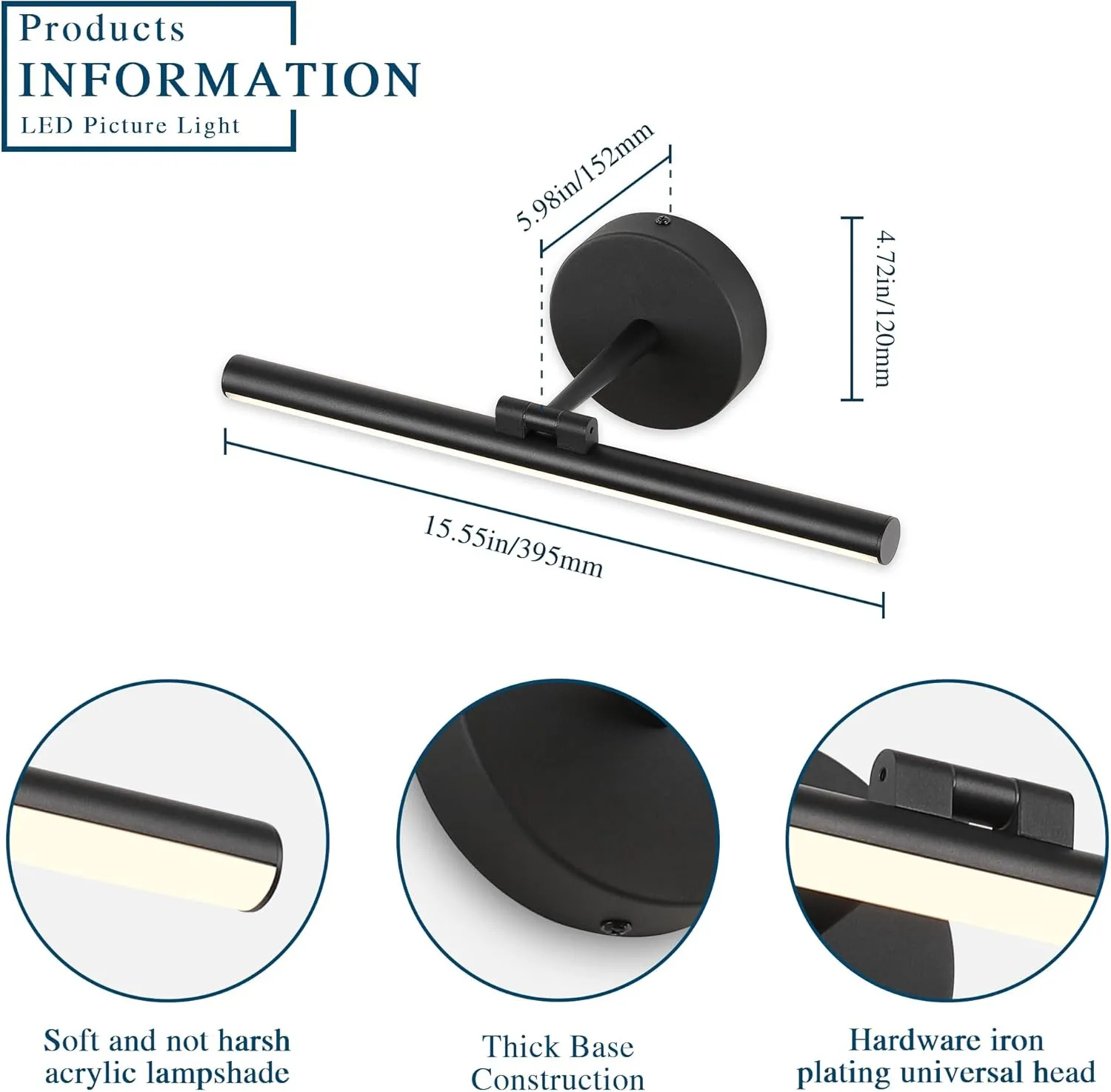 Hardwired Adjustable Lighting Matte Black Modern LED Picture Lights for Paintings 15.7'' Inch Long Swing Arm Metal Art Lights Warm White 3000K