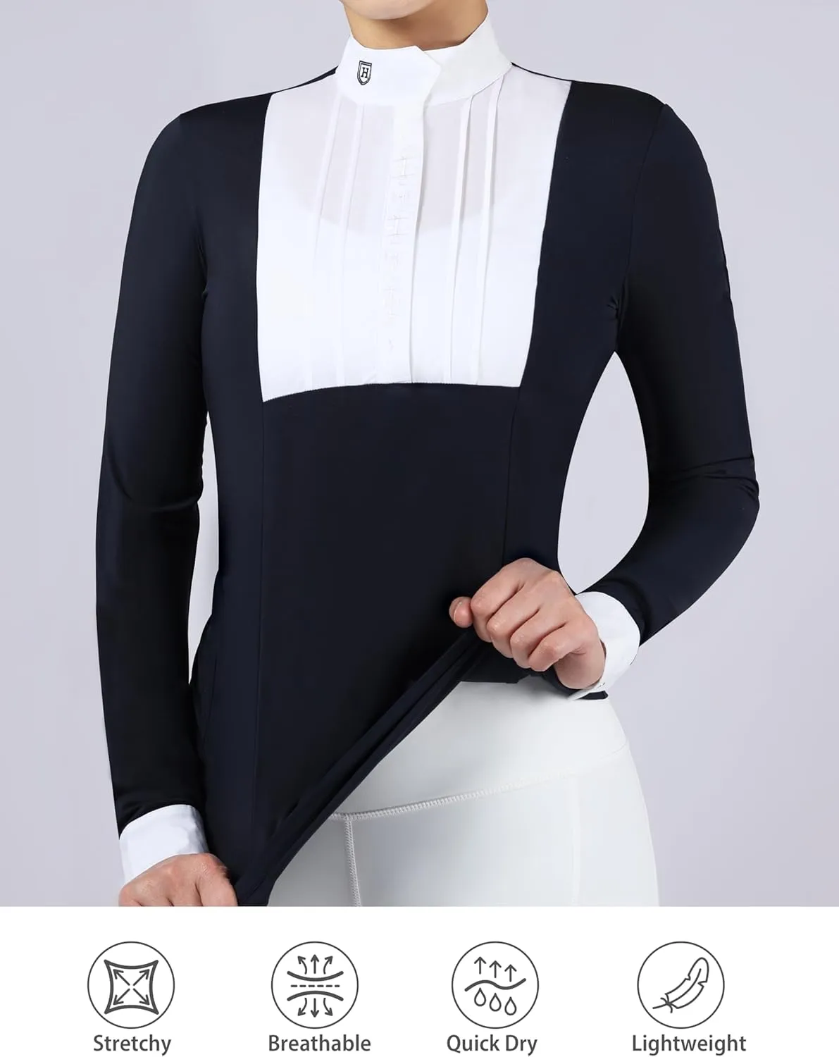 Harrison Howard Equestrian Pleated Bib Show Shirt Rider Top Horse Riding Long Sleeve with Embroidery