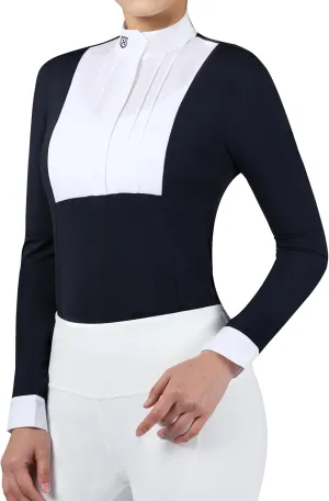 Harrison Howard Equestrian Pleated Bib Show Shirt Rider Top Horse Riding Long Sleeve with Embroidery