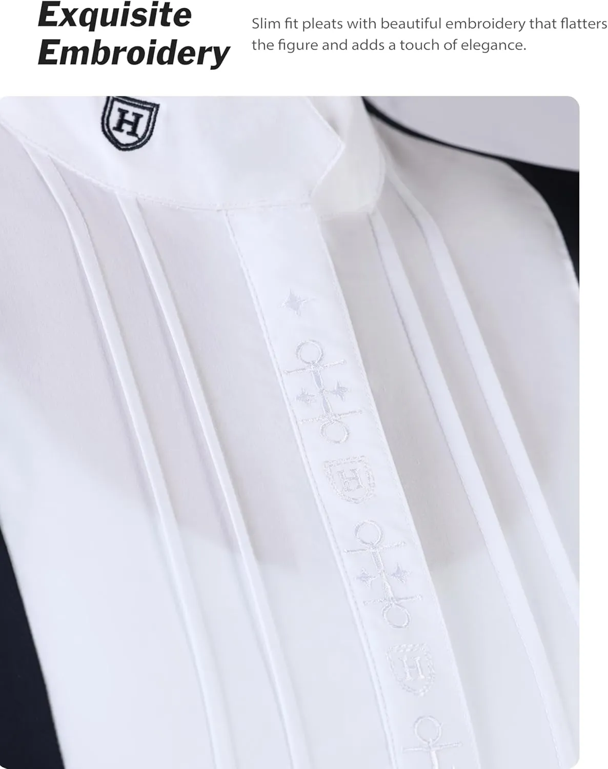 Harrison Howard Equestrian Pleated Bib Show Shirt Rider Top Horse Riding Long Sleeve with Embroidery