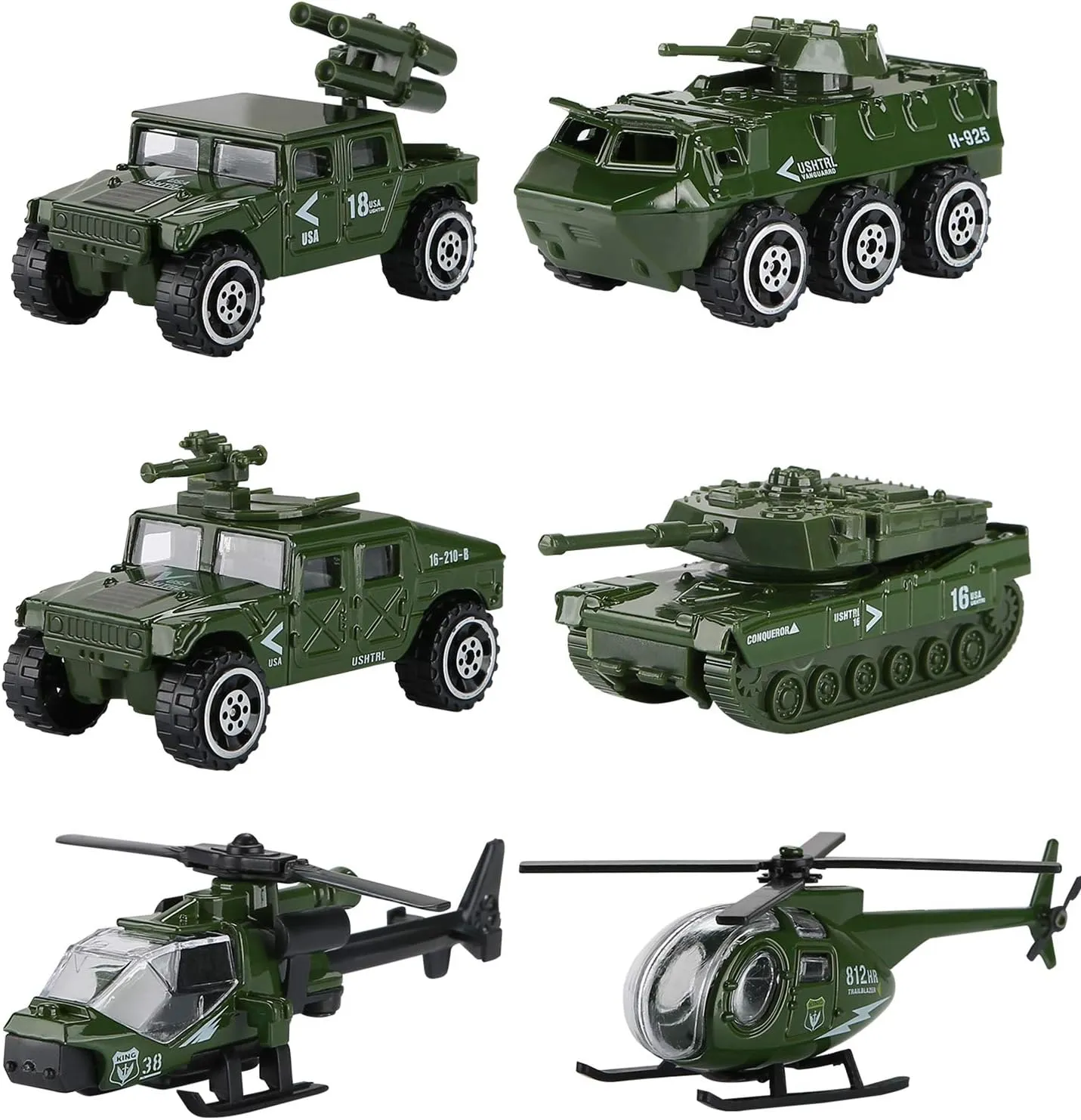 Hautton Diecast Military Toy Vehicles, 6 Pack Alloy Metal Army Toys Model Cars Playset Tank, Panzer, Attack Helicopter, Anti-air Vehicle, Scout Helicopter Gift for Kids Boys Toddlers