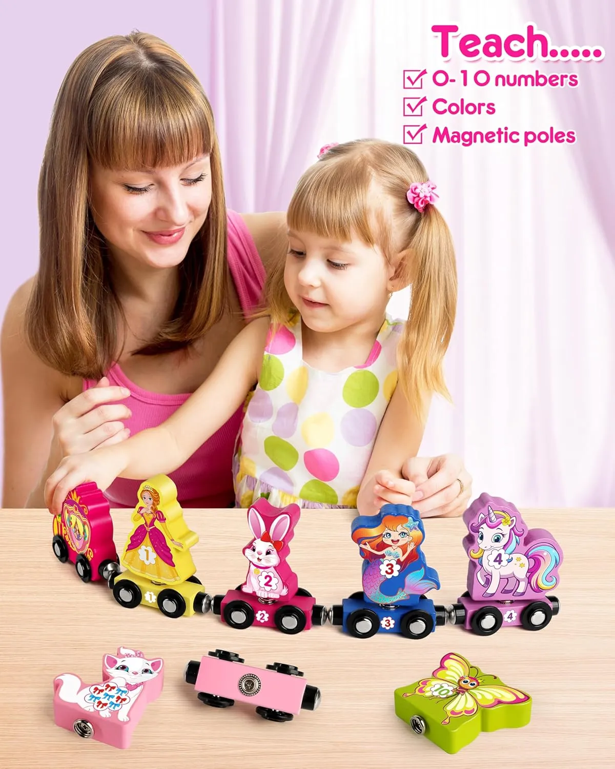 Hersort Wooden Train Set for Toddlers, Magnetic Girls Trains Toys, Numbers Matching Game for Ages3-5, Toddler Learning Toys, Fine Motor Skills Educational Toys,Preschool Activities Gifts