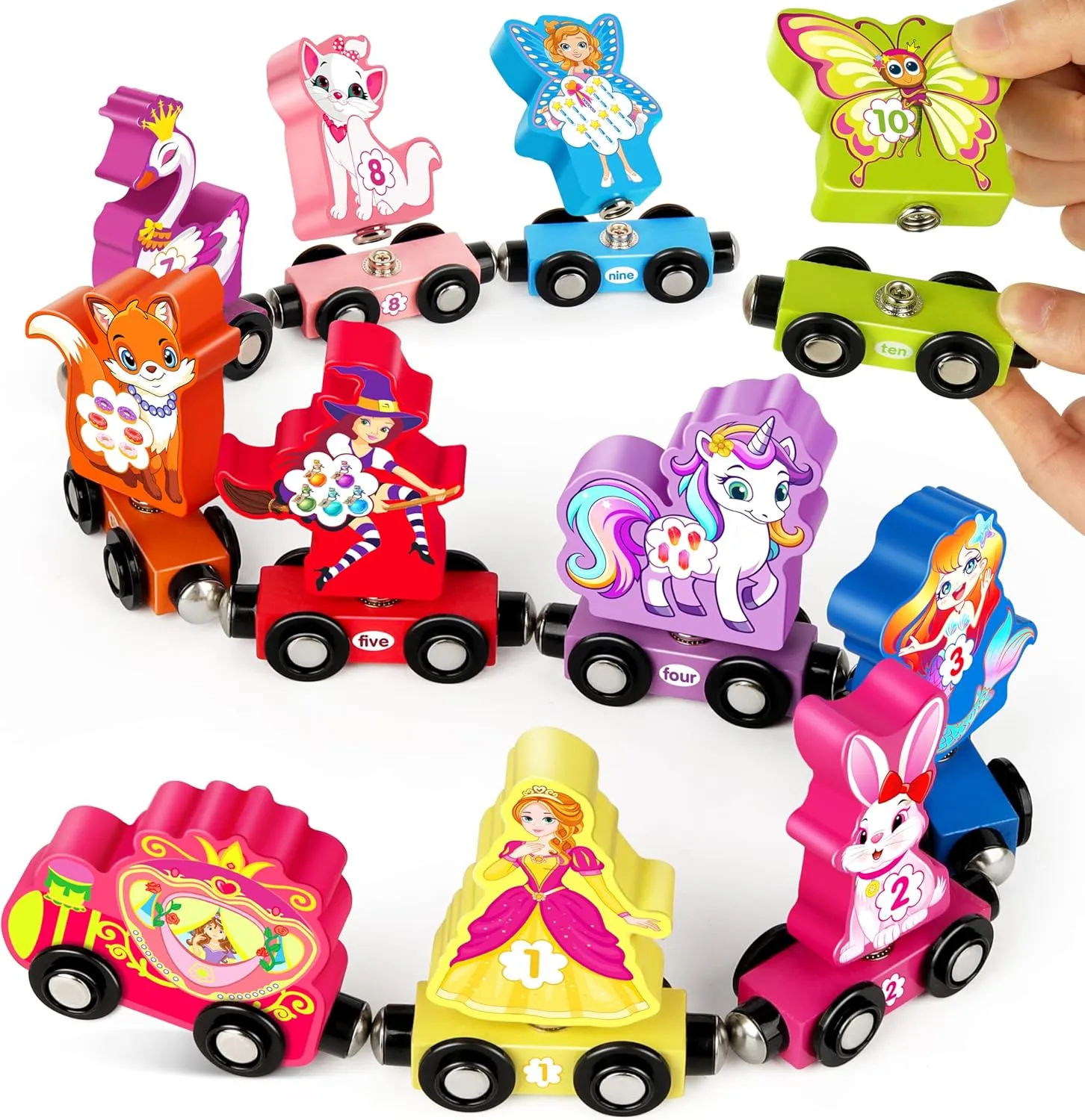 Hersort Wooden Train Set for Toddlers, Magnetic Girls Trains Toys, Numbers Matching Game for Ages3-5, Toddler Learning Toys, Fine Motor Skills Educational Toys,Preschool Activities Gifts
