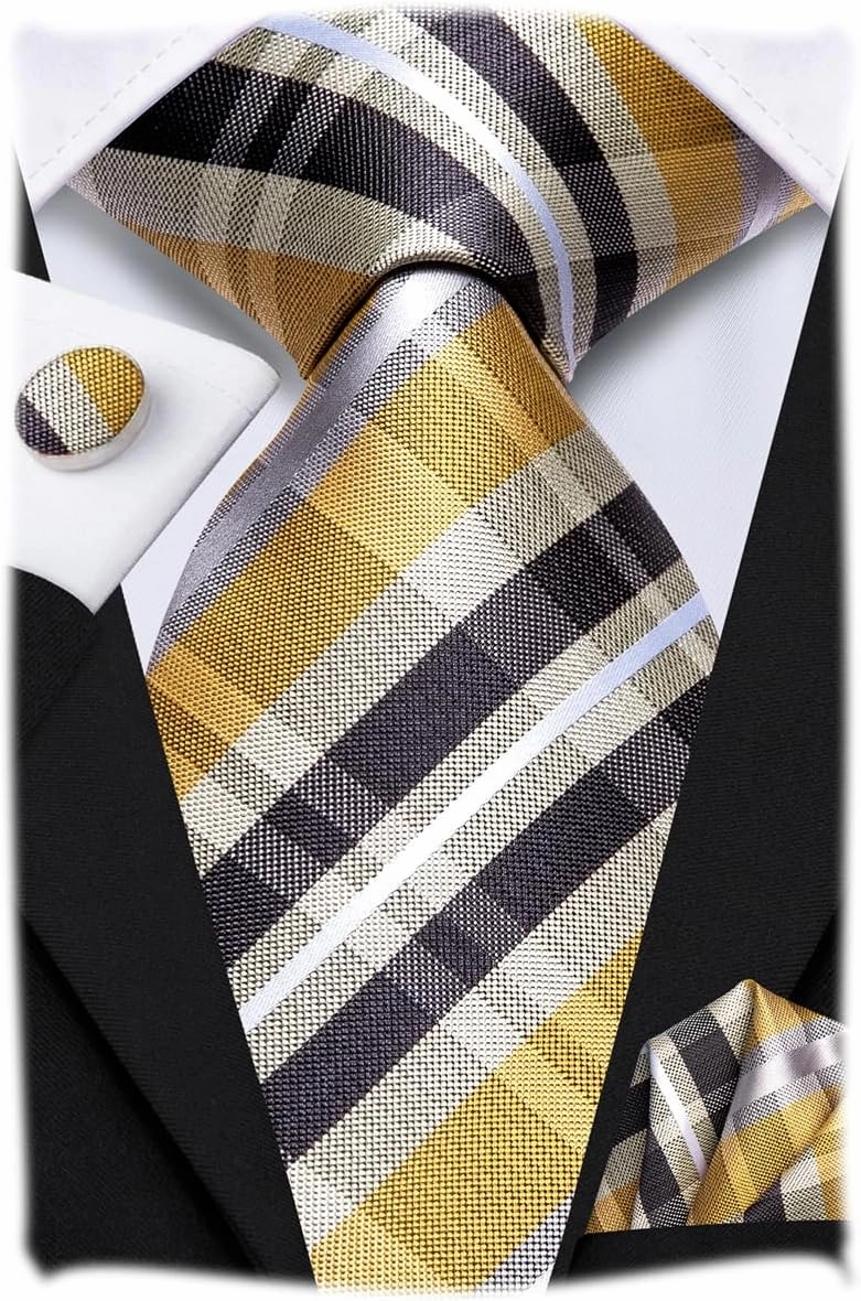 Hi-Tie Mens Plaid Ties Classic Paisley Necktie with Handkerchief Cufflinks Set Business Stripe Tie