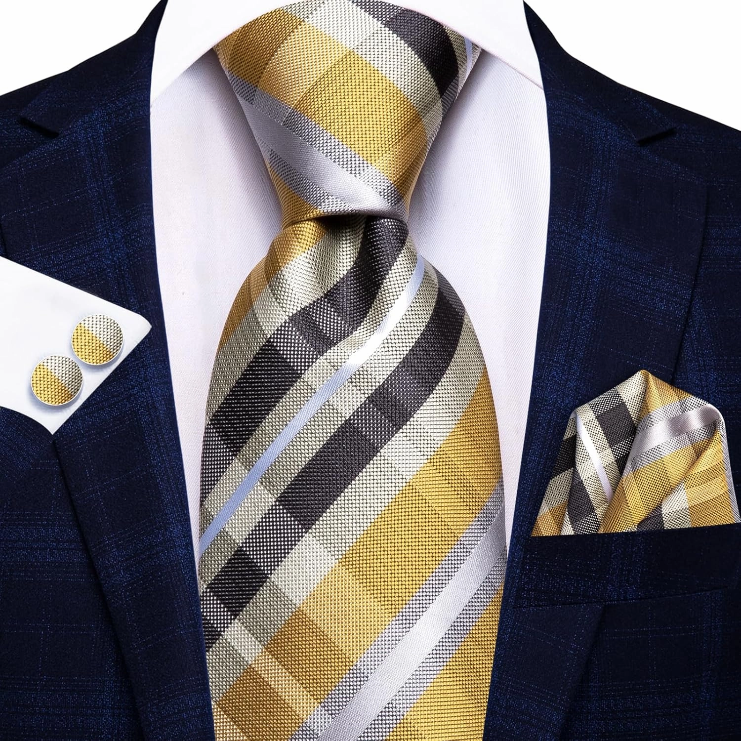 Hi-Tie Mens Plaid Ties Classic Paisley Necktie with Handkerchief Cufflinks Set Business Stripe Tie