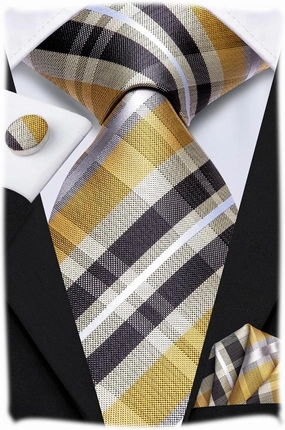 Hi-Tie Mens Plaid Ties Classic Paisley Necktie with Handkerchief Cufflinks Set Business Stripe Tie