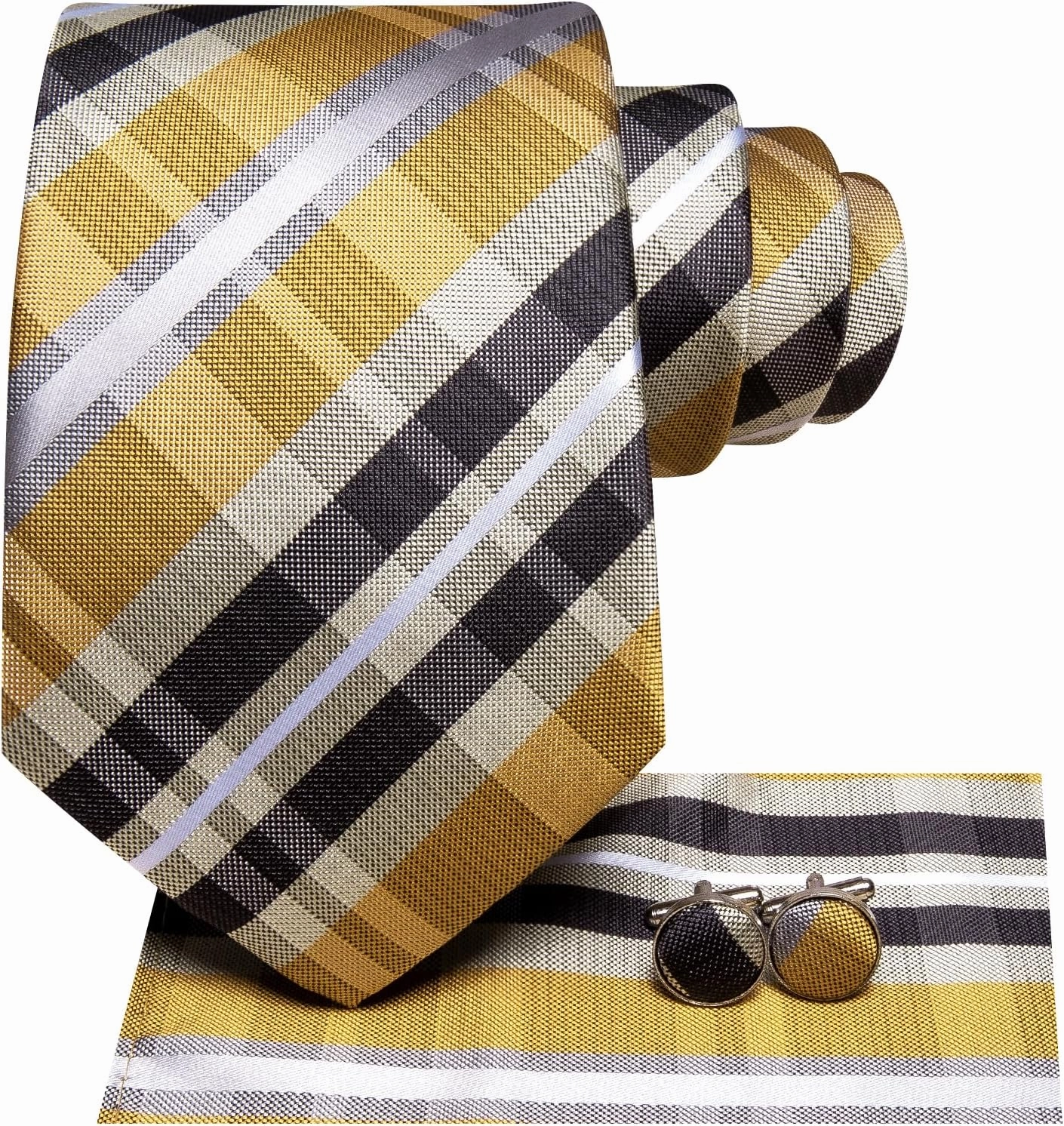 Hi-Tie Mens Plaid Ties Classic Paisley Necktie with Handkerchief Cufflinks Set Business Stripe Tie