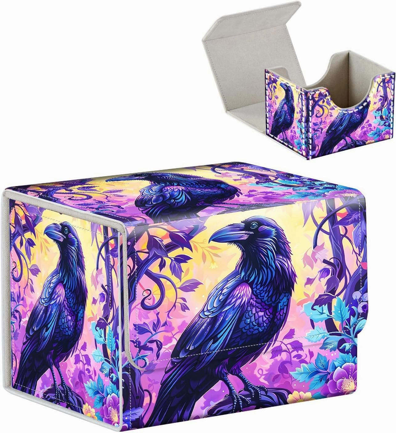 High-Capacity Art Deco Card Deck Box - Ideal Trading Card Game Storage Solution with Compact Size, and Easy Access - PU Leather Fits for TCG CCG Magic Cards(Raven On Tree)