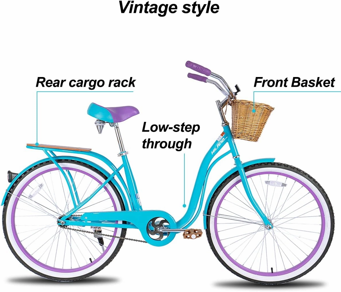 Hiland 26 Inch Beach Cruiser Bike for Women, Men and Adult, Single Speed Commuter Bicycle with Basket and Rear Cargo, Multiple Colors City Bike