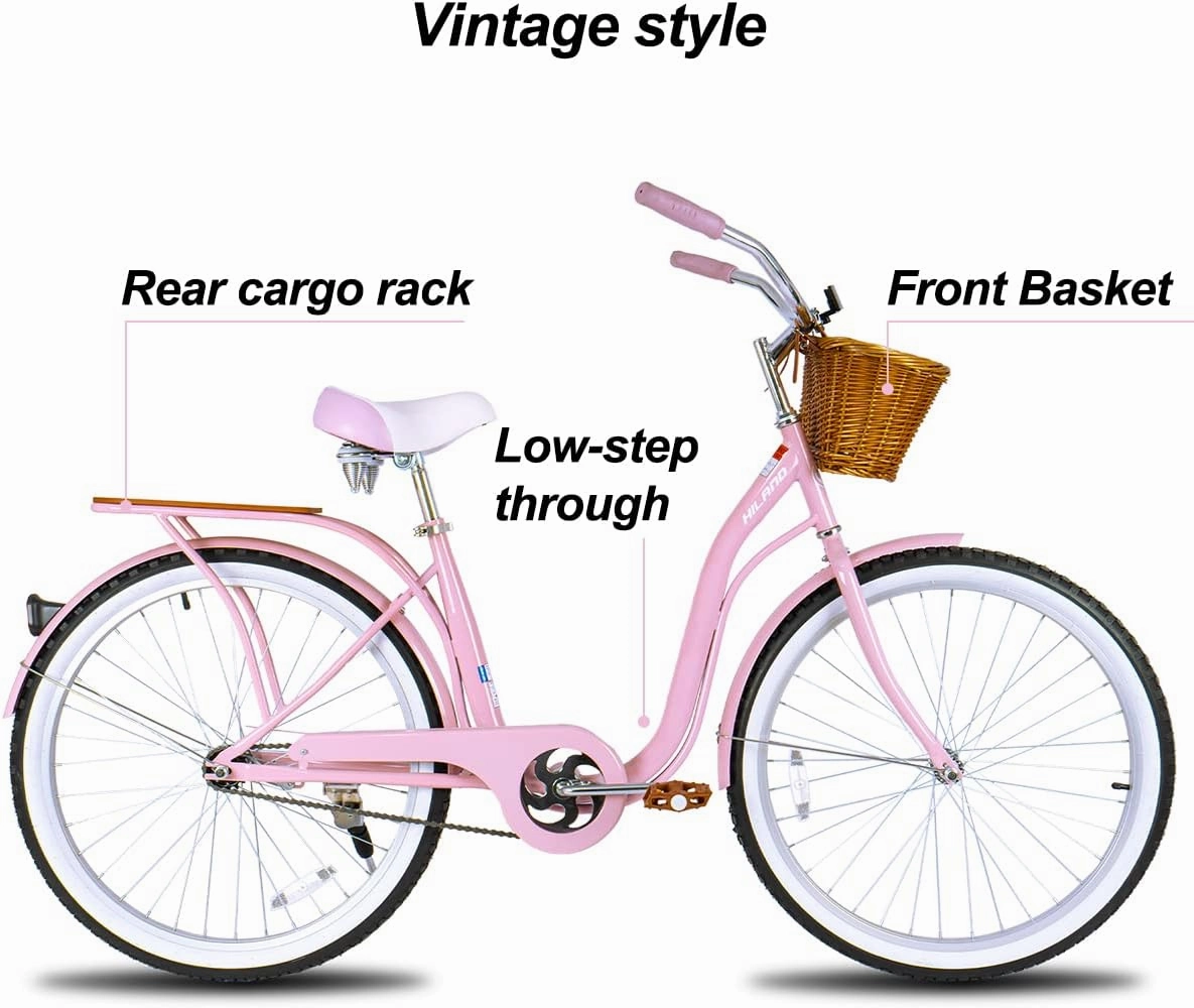 Hiland 26 Inch Beach Cruiser Bike for Women, Men and Adult, Single Speed Commuter Bicycle with Basket and Rear Cargo, Multiple Colors City Bike