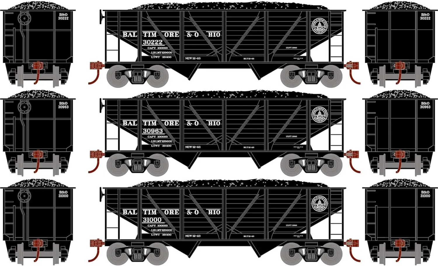HO 34' 2-Bay Composite Coal Hopper w/Load B&O 3 RND70803 HO Rolling Stock