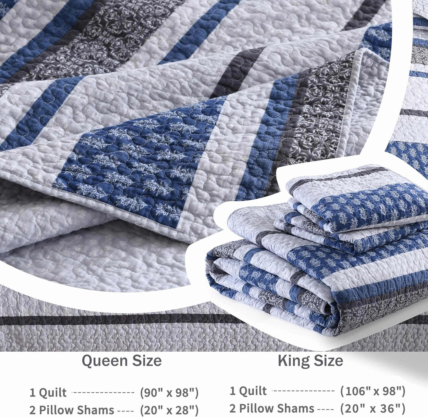 Homzard Bedding Set, King Size Quilt, 100% Cotton, Blue Floral Striped, All Season, 3 Piece Includes Quilt and 2 Shams, Farmhouse Style