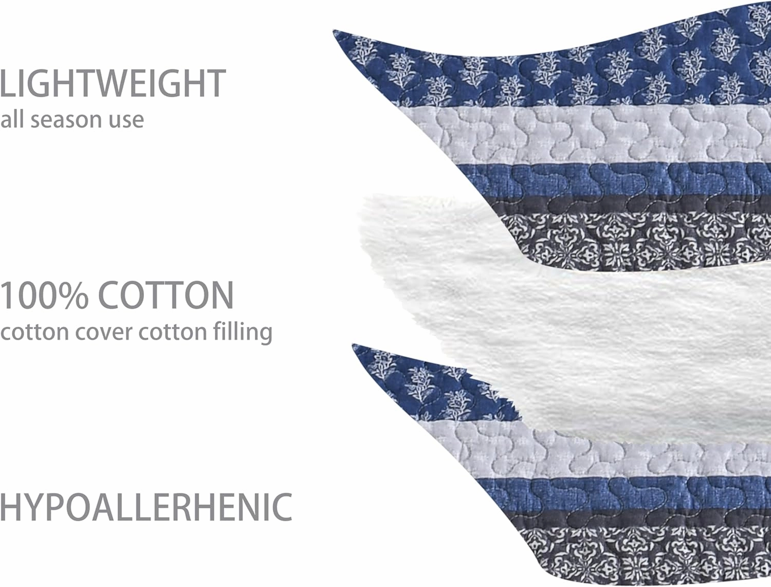Homzard Bedding Set, King Size Quilt, 100% Cotton, Blue Floral Striped, All Season, 3 Piece Includes Quilt and 2 Shams, Farmhouse Style
