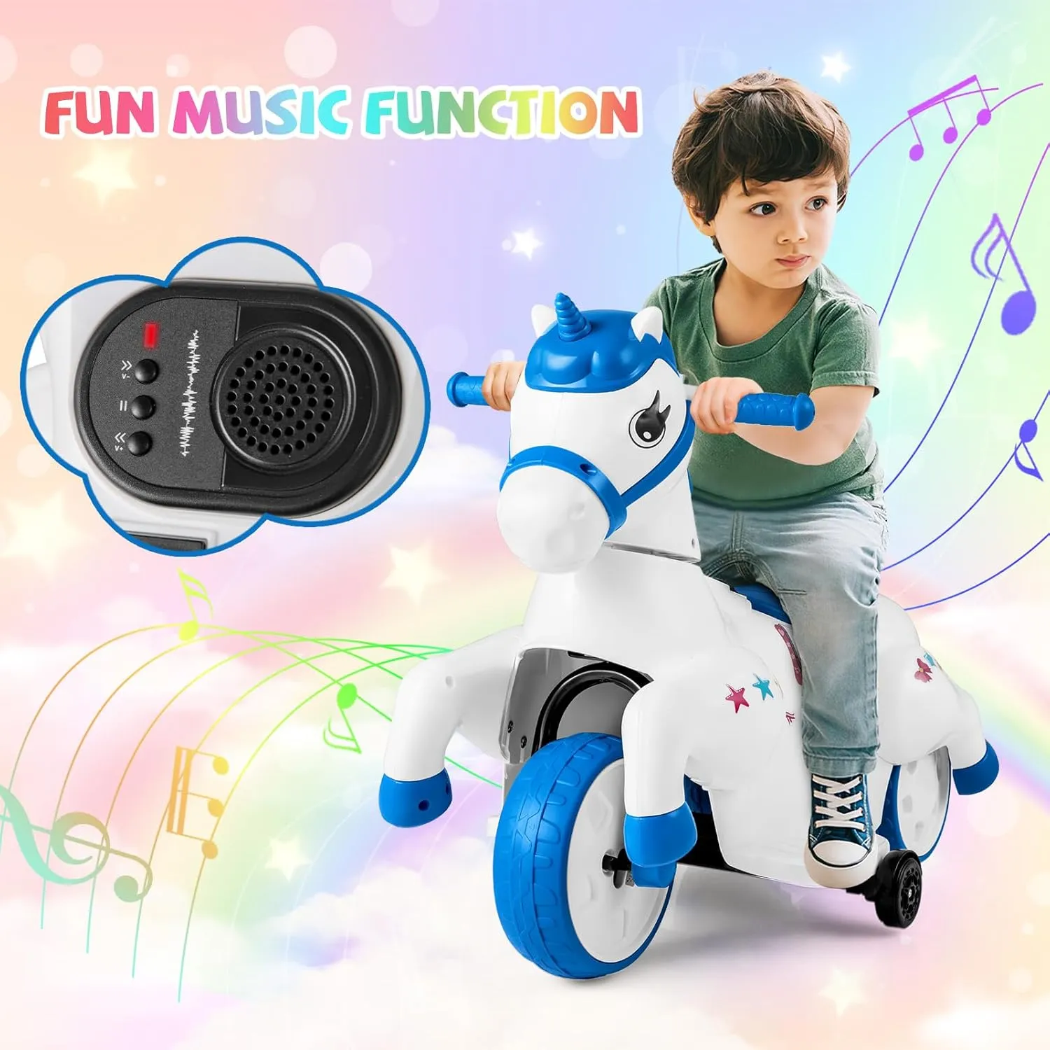 HONEY JOY 12V Unicorn Ride on Toys, 3-Wheeler Battery Powered Motorized Ride on Horse w/Training Wheels, Music, Up & Down, Pony Electric Car for Kids, Gift for Boys Girls (Blue)