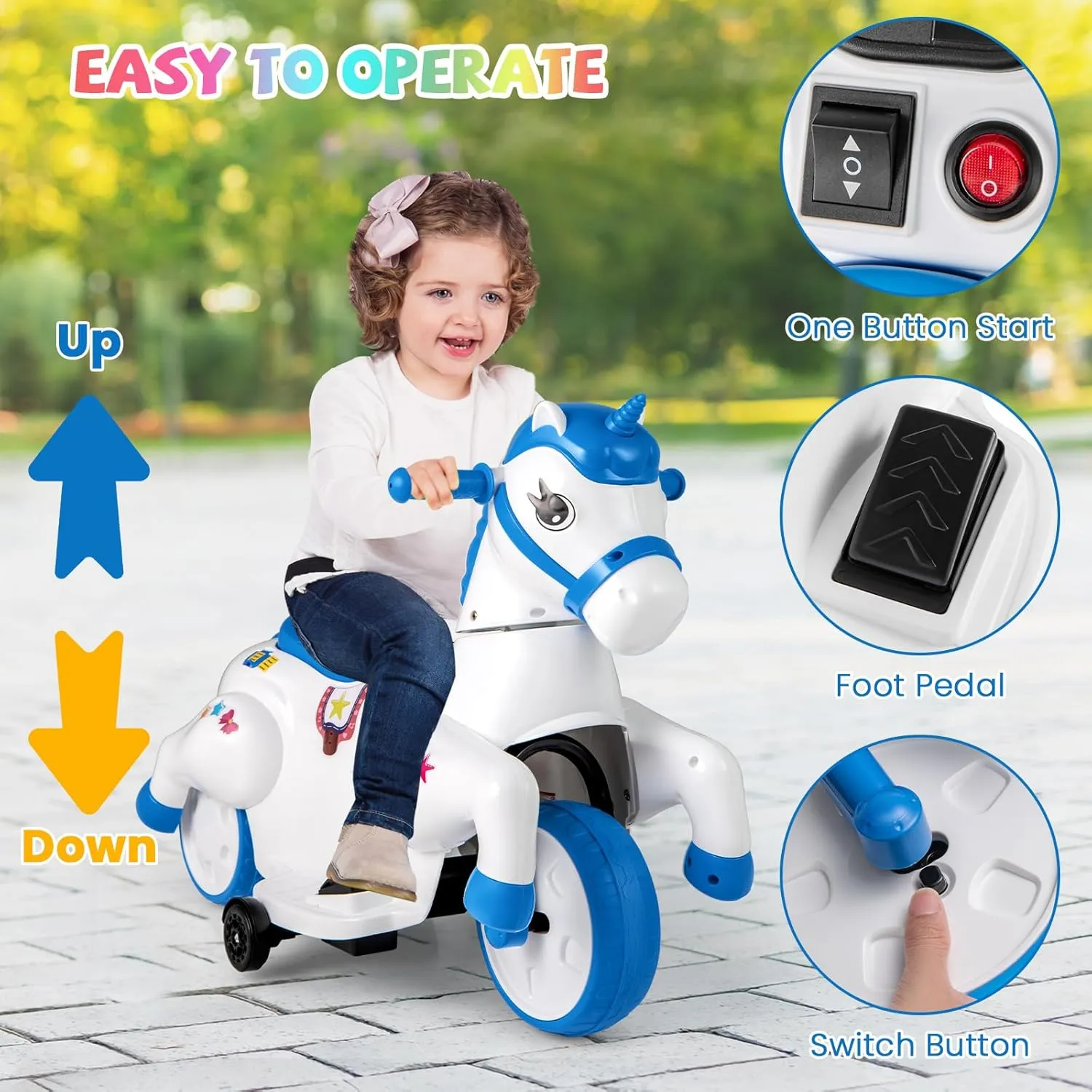HONEY JOY 12V Unicorn Ride on Toys, 3-Wheeler Battery Powered Motorized Ride on Horse w/Training Wheels, Music, Up & Down, Pony Electric Car for Kids, Gift for Boys Girls (Blue)