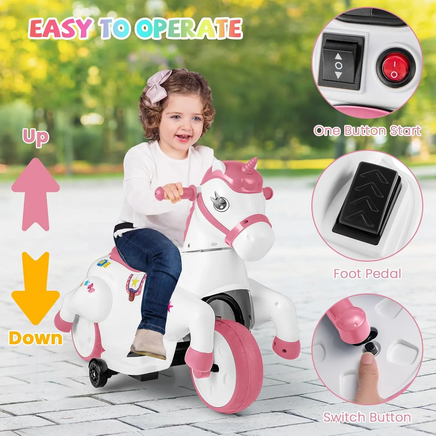 HONEY JOY 12V Unicorn Ride on Toys, 3-Wheeler Battery Powered Motorized Ride on Horse w/Training Wheels, Music, Up & Down, Pony Electric Car for Kids, Gift for Boys Girls (Light Pink)