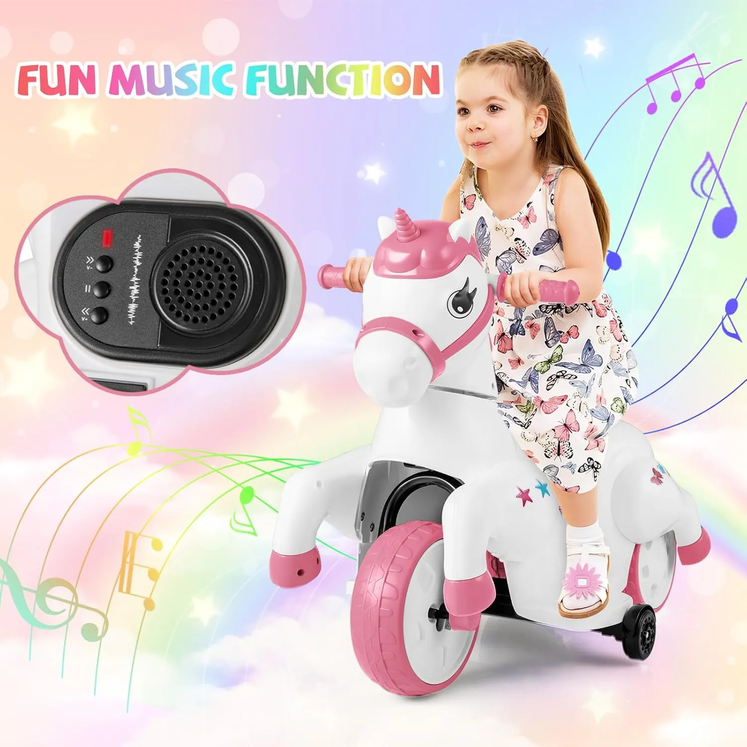 HONEY JOY 12V Unicorn Ride on Toys, 3-Wheeler Battery Powered Motorized Ride on Horse w/Training Wheels, Music, Up & Down, Pony Electric Car for Kids, Gift for Boys Girls (Light Pink)