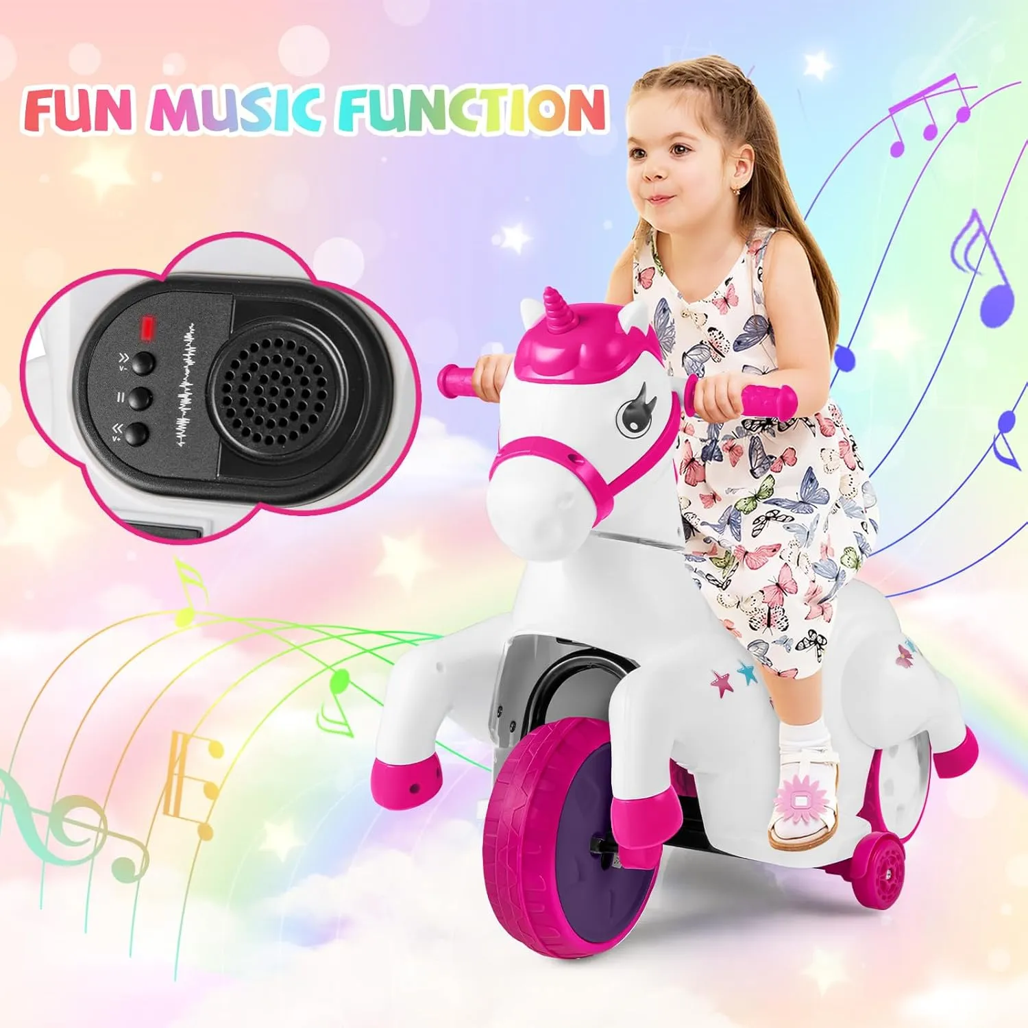 HONEY JOY 12V Unicorn Ride on Toys, 3-Wheeler Battery Powered Motorized Ride on Horse w/Training Wheels, Music, Up & Down, Pony Electric Car for Kids, Gift for Boys Girls (Pink)