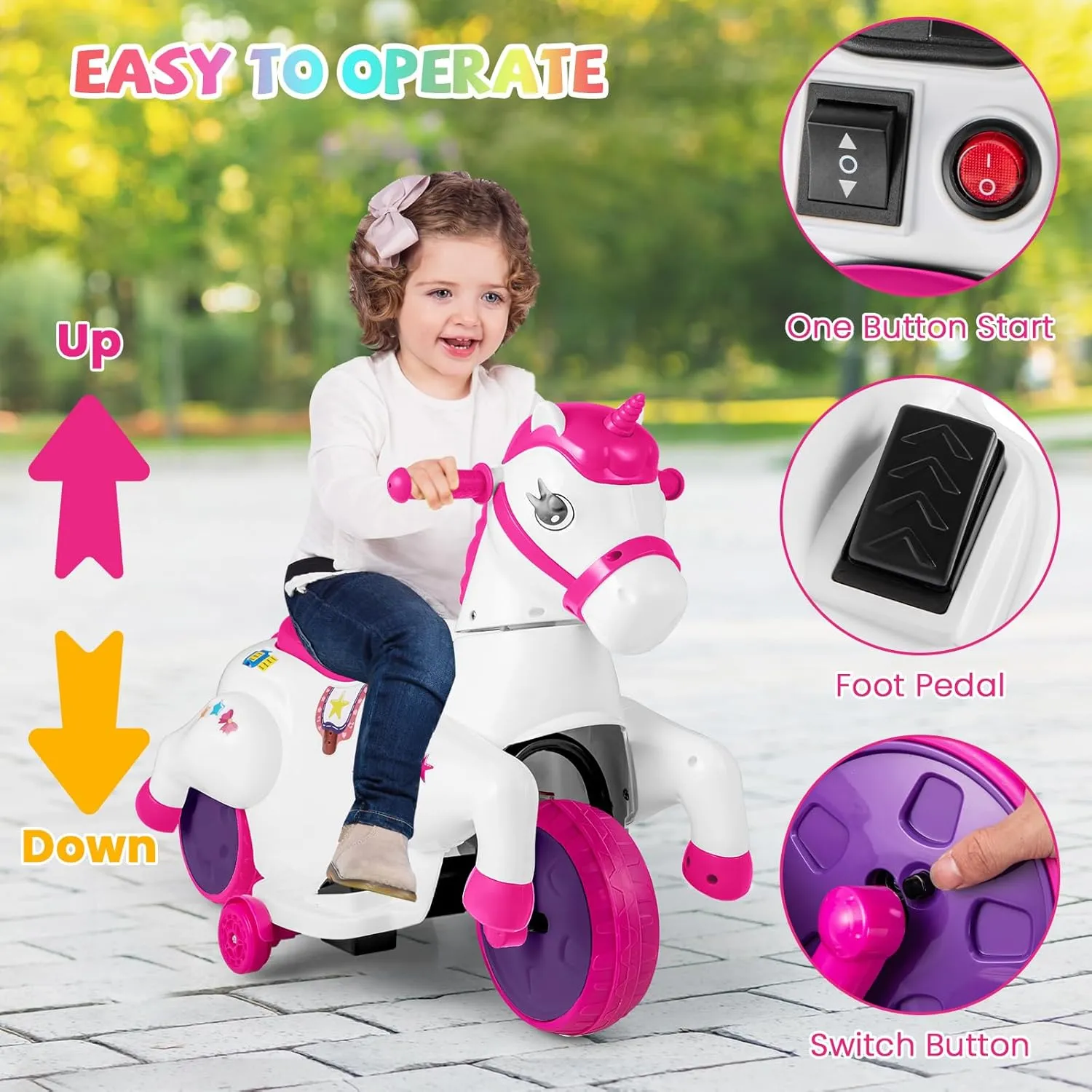 HONEY JOY 12V Unicorn Ride on Toys, 3-Wheeler Battery Powered Motorized Ride on Horse w/Training Wheels, Music, Up & Down, Pony Electric Car for Kids, Gift for Boys Girls (Pink)