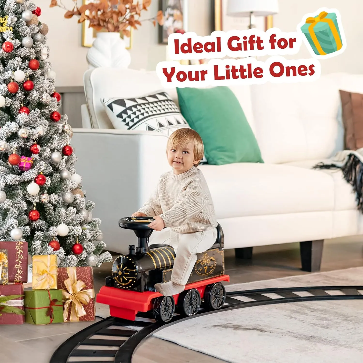HONEY JOY Electric Ride On Toy for Kids, 6V Battery Powered with Flashing Lights & Music, 16 Track Pieces, Storage Seat, Playable Without Tracks, Gift for Boys Girls (Black)