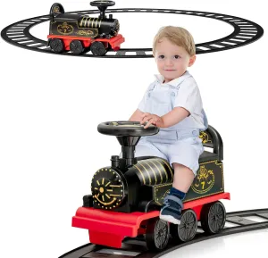 HONEY JOY Electric Ride On Toy for Kids, 6V Battery Powered with Flashing Lights & Music, 16 Track Pieces, Storage Seat, Playable Without Tracks, Gift for Boys Girls (Black)