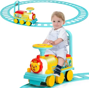 HONEY JOY Ride On Train with 16 PCS Tracks, 6V Battery Powered Electric Ride On Toy for Kids, Flashing Lights & Music, Storage Seat, Playable Without Tracks, Gift for Boys and Girls (Blue)
