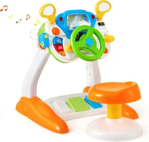 HONEY JOY Steering Wheels Toys for Toddler Boys Girls, Pretend Play Learning Driver Toy Cars for Preschool Baby, Lights & Music, Interphone, Pedal, My First Driving Educational Musical Toy w/Stool