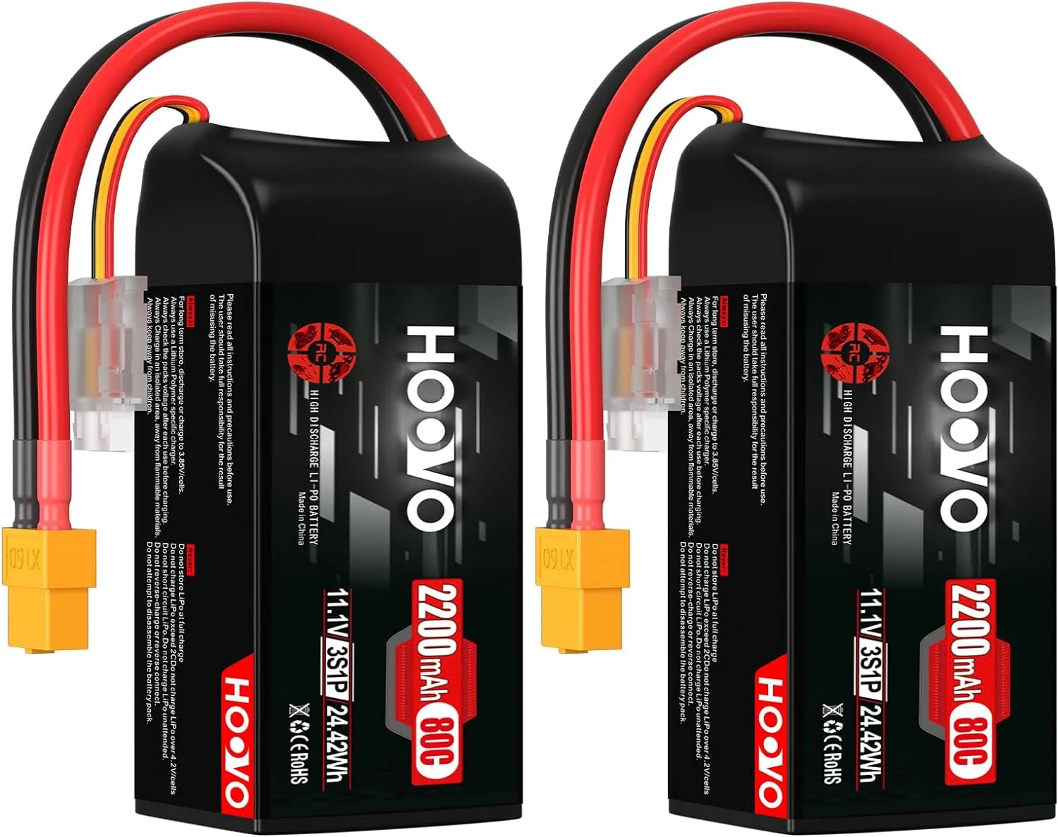 HOOVO 3S Lipo Battery, 2200mAh 80C 11.1V Shorty Lipo Battery Pack, Softcase with XT60 Connector Compatible with Drone RC Airplane Helicopter Quadcopter FPV RC Car,2 Pack