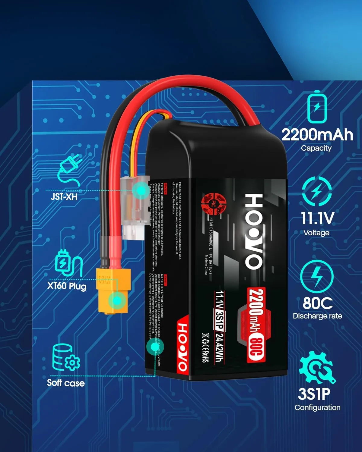 HOOVO 3S Lipo Battery, 2200mAh 80C 11.1V Shorty Lipo Battery Pack, Softcase with XT60 Connector Compatible with Drone RC Airplane Helicopter Quadcopter FPV RC Car,2 Pack